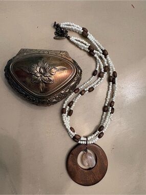 Beaded White and Brown Wood Pendant Necklace - Unbranded
